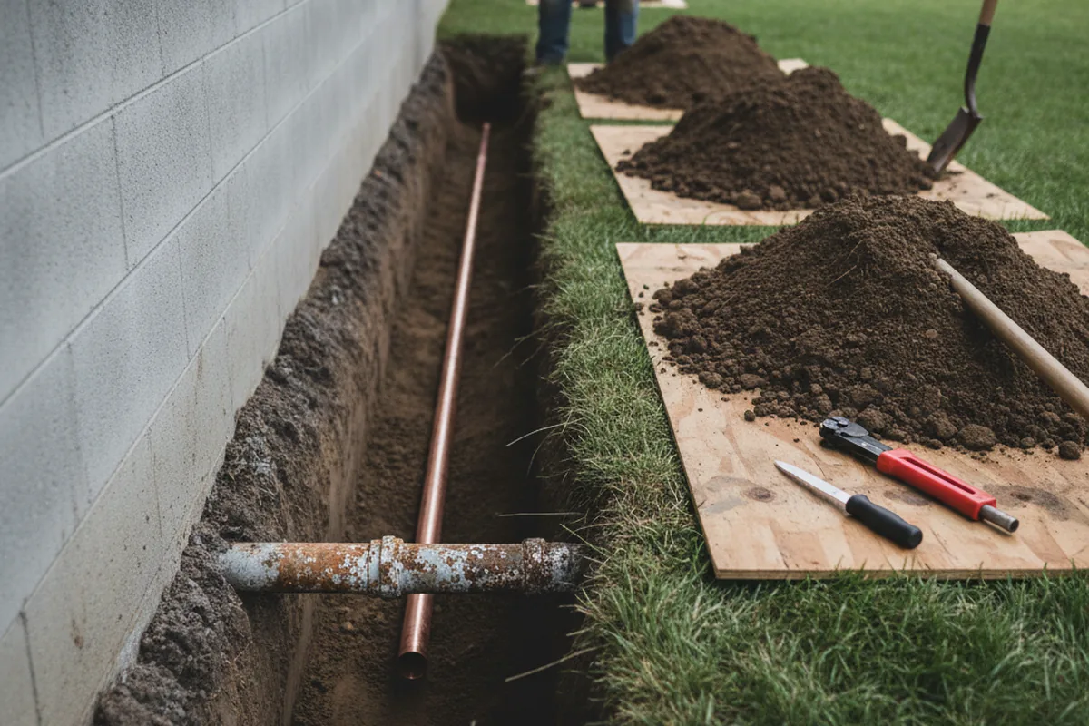 Excavated water line trench during Sewer Line Repair in Gipsy